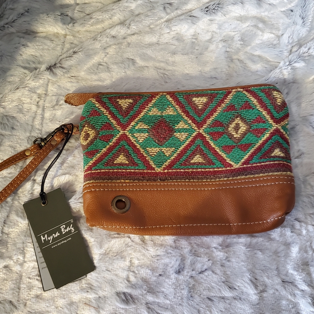 Myra Bag Myrtle Spots Pouch Canvas and Leather Top Zip Wristlet